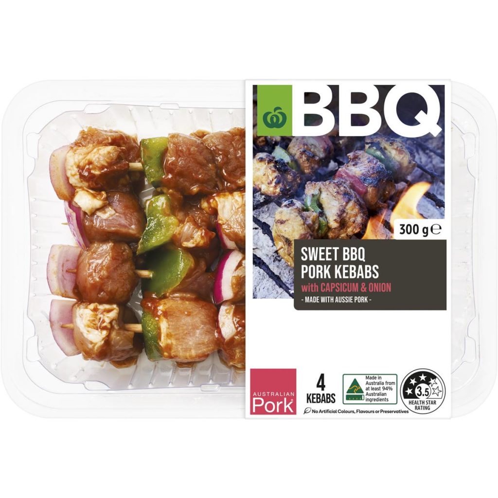 Woolworths Sweet Bbq Pork Kebabs With Capsicum & Onion 300g