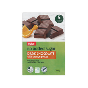 Coles No Added Sugar Dark Choc With Orange 100g
