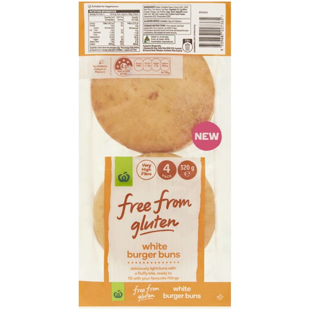 Woolworths Free From Gluten White Burger Buns 4 Pack