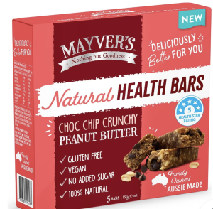 Mayver's Natural Health Bars Choc Chip Crunchy Peanut Butter 5 Pack